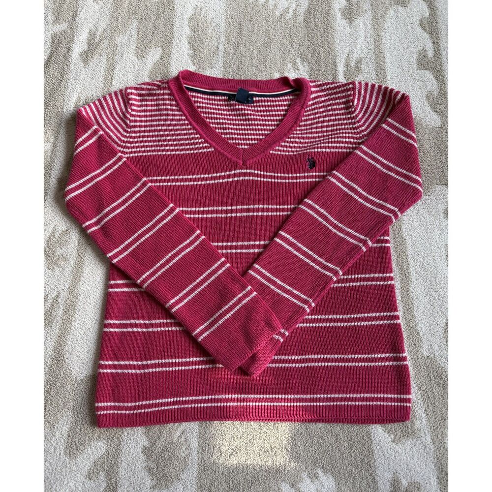 U.S. Polo Assn. Women’s Pink & White Striped V-Neck Sweater Size M